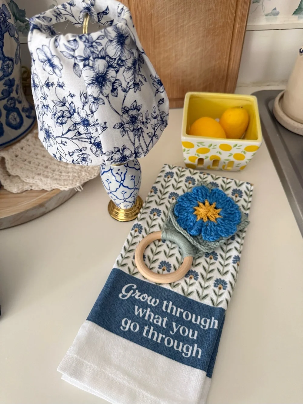 Handmade Blue Floral Kitchen Towel with Wooden Ring Holder - Picture 4 of 5